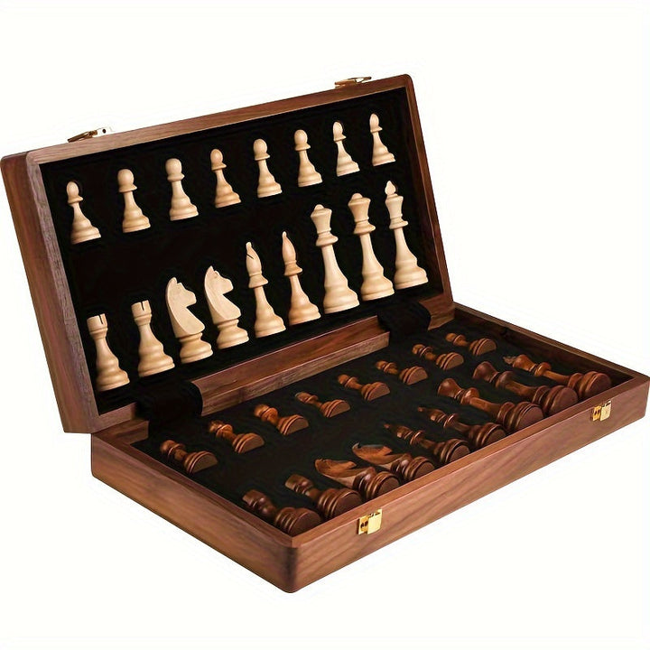 Elegant wooden chess set with storage, including hand-carved pieces and solid wood board