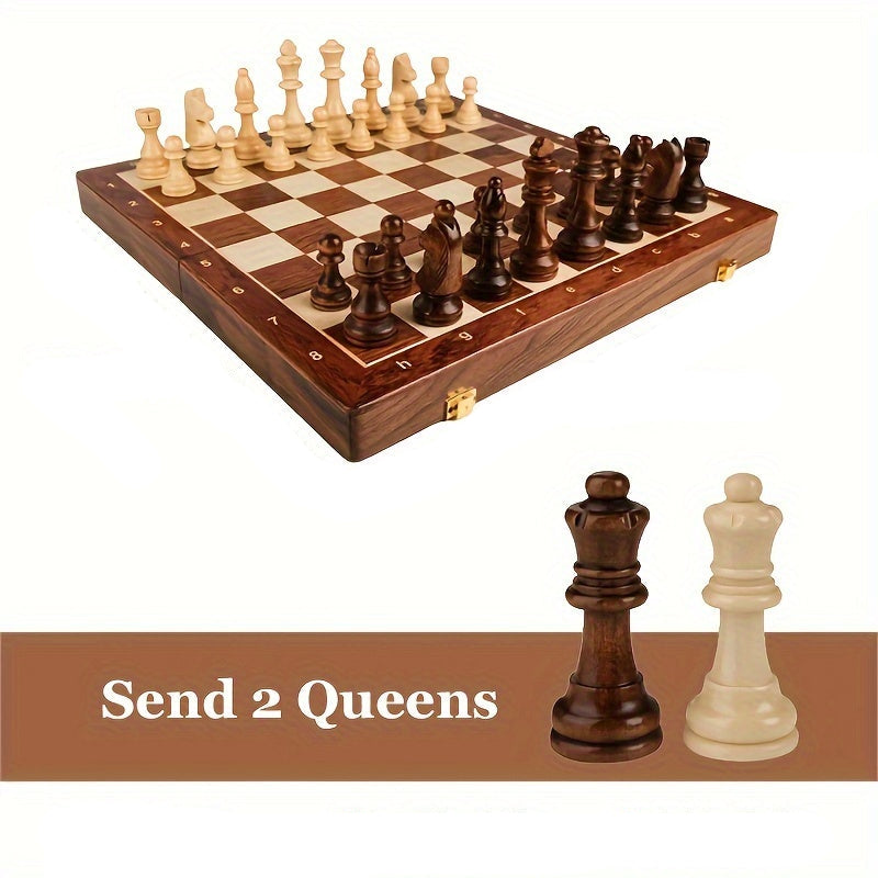 Close-up of a luxury solid wood chess set, showcasing detailed pieces and fine wood grain