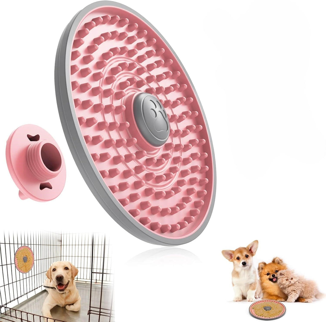 Dog licking a blue pet anxiety relief mat with spread treat, promoting calm and mental enrichment.