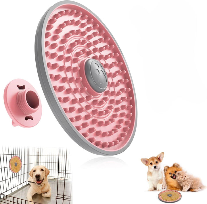 Dog licking a blue pet anxiety relief mat with spread treat, promoting calm and mental enrichment.