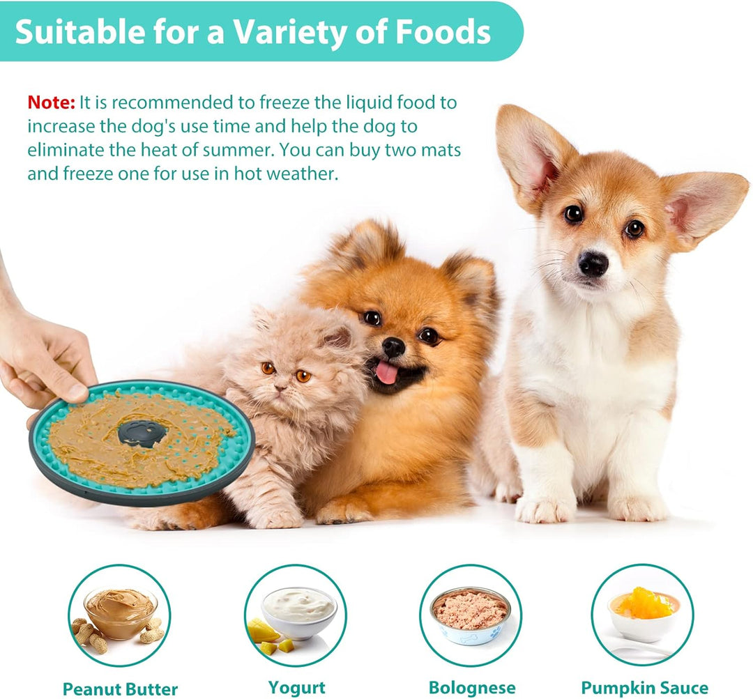 Dishwasher safe green dog lick mat, ideal for pet anxiety relief and slow feeding.