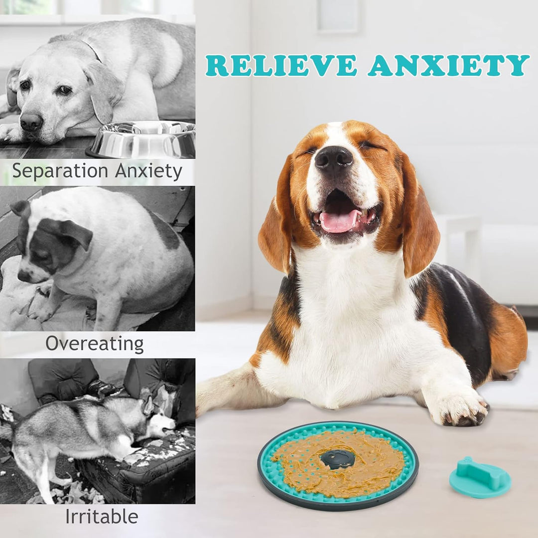 Happy dog calmly licking a spread treat on a red anxiety relief slow feeder mat.
