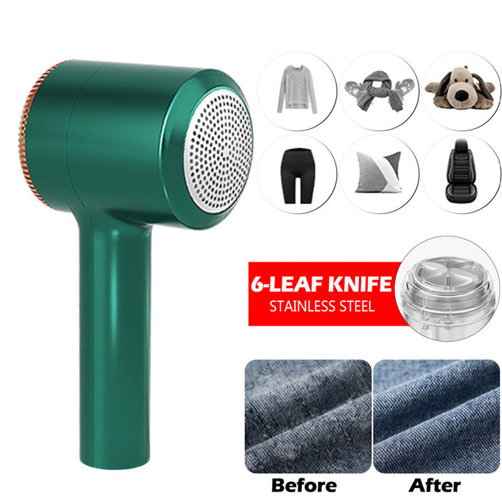 Green portable USB lint remover for fabrics, excellent clothes fuzz cleaner & garment care.