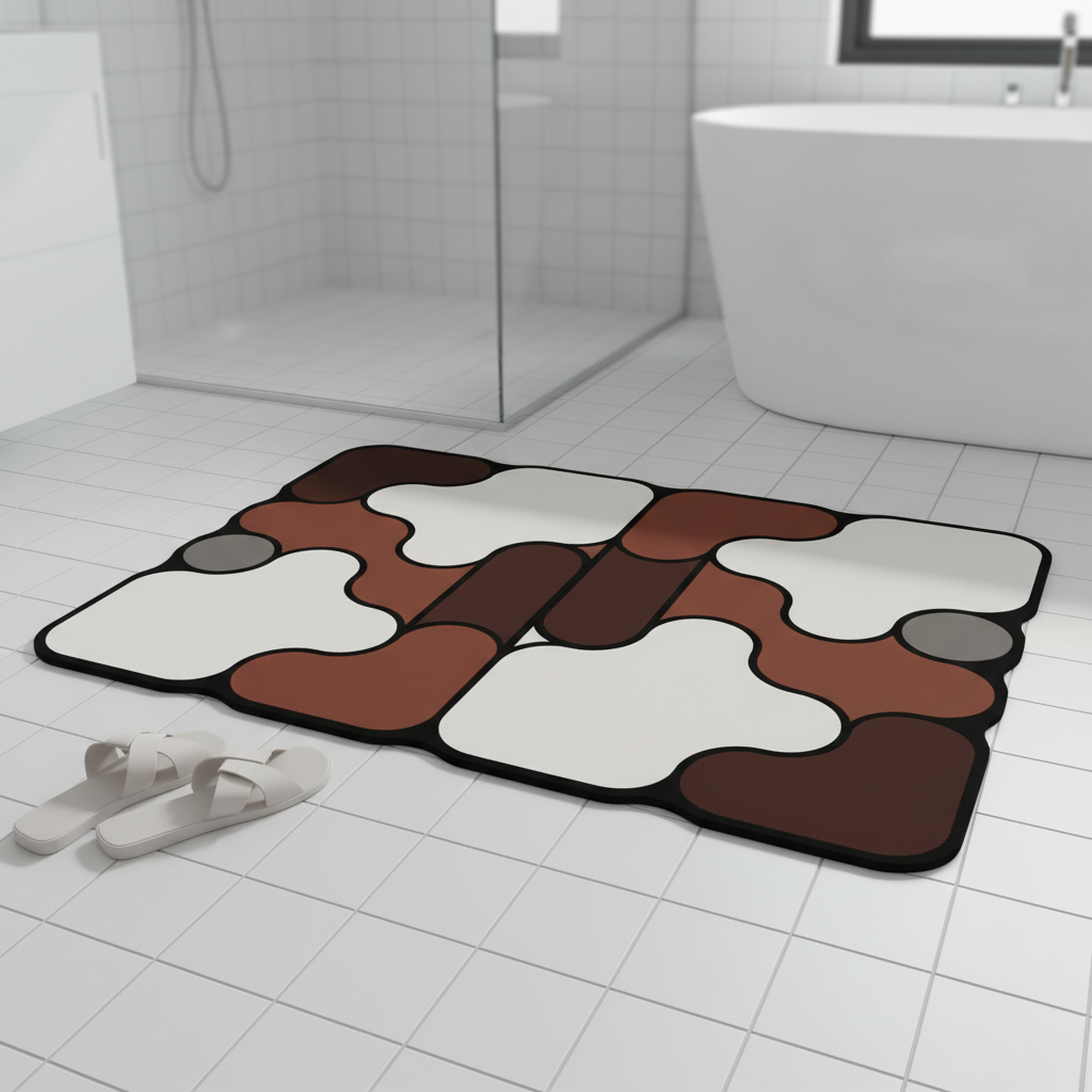 Grey padded knitted bath mat with diatomaceous earth for quick-dry bathroom comfort.