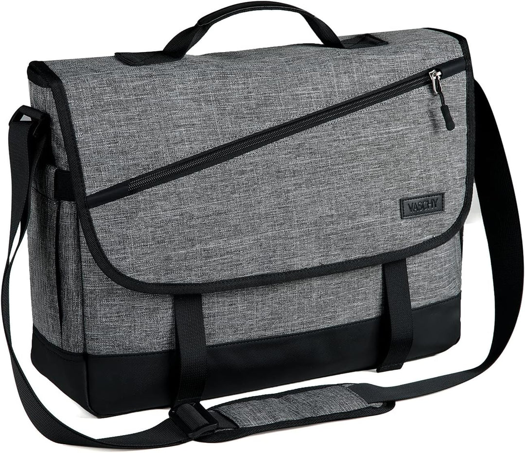 Grey water-resistant laptop messenger bag with adjustable strap, WorkMate Series, for business commute.