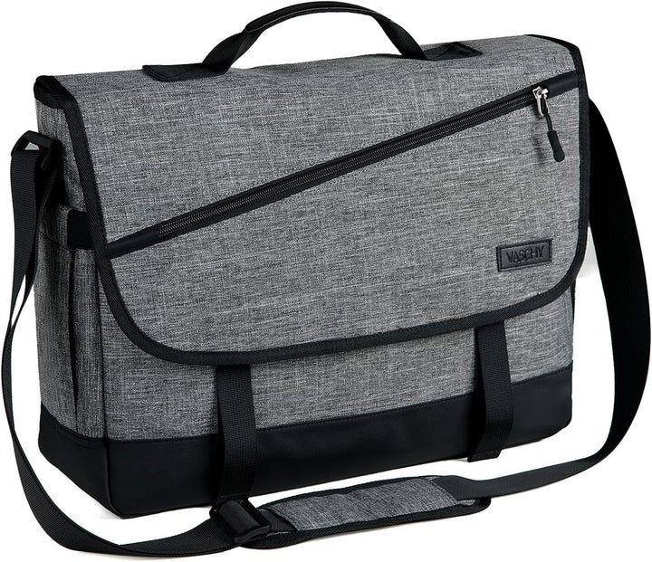 Grey water-resistant laptop messenger bag with adjustable strap, WorkMate Series, for business commute.