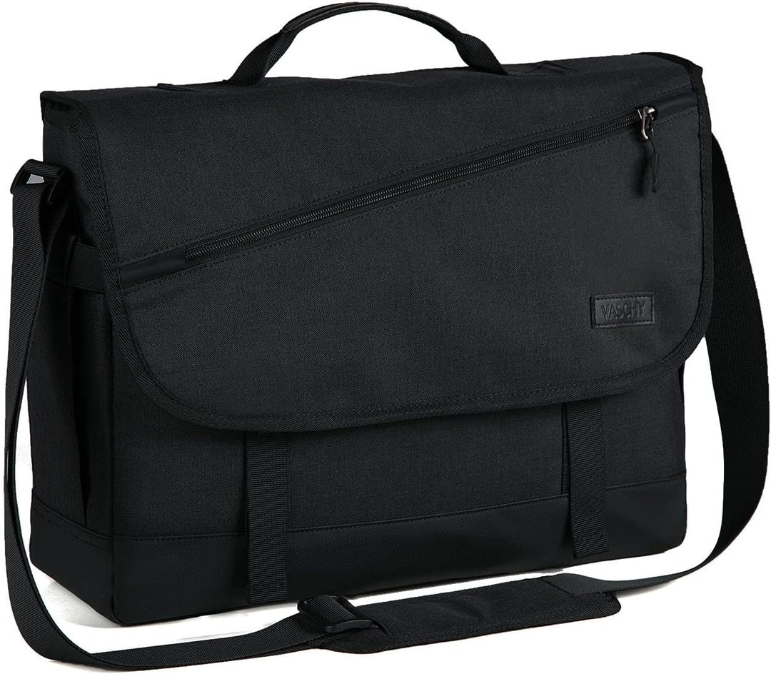 Unisex black water-resistant laptop messenger bag open, showing interior compartments and storage.