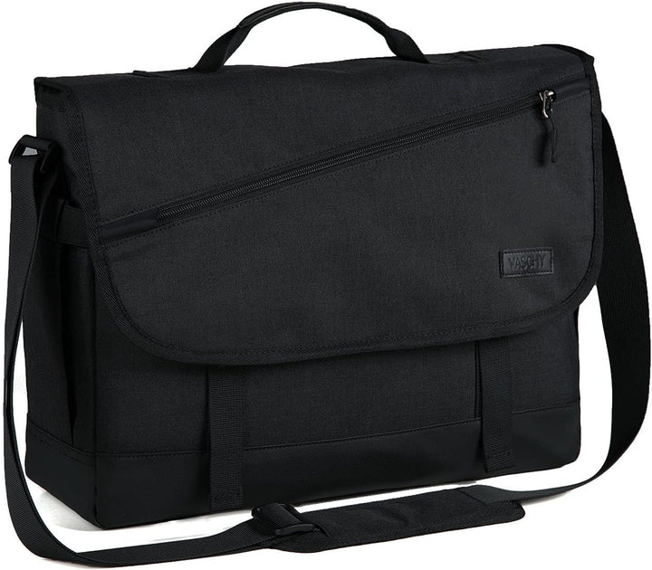 Unisex black water-resistant laptop messenger bag open, showing interior compartments and storage.