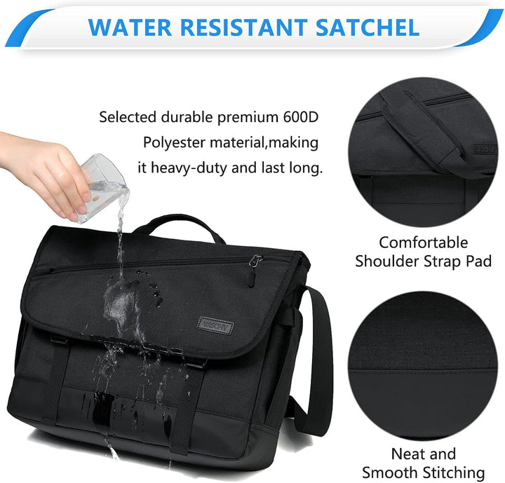 Unisex water-resistant messenger bag in a professional setting, suitable for work or travel.