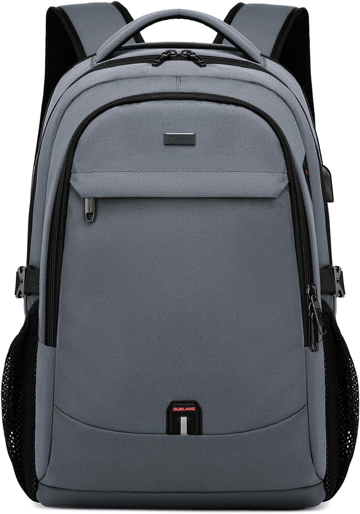 Grey water-resistant travel laptop backpack with USB charging port, front view, for commuters
