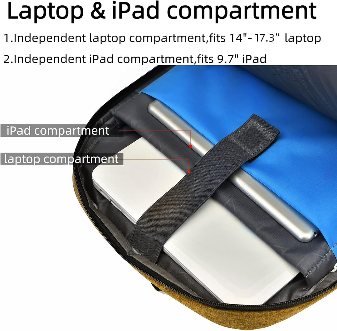 Unisex water-resistant laptop travel backpack, side view, showing durable fabric and charging port