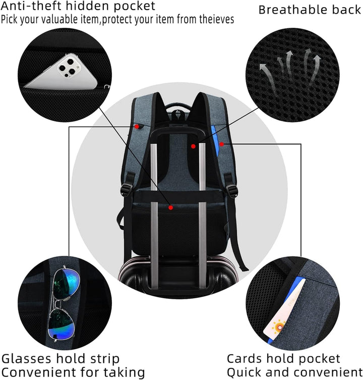 Durable water-resistant travel backpack for laptops, interior view with compartments for gear