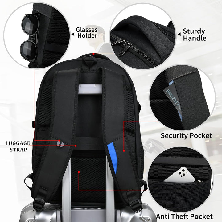Front pocket of black travel laptop backpack, ideal for quick access items