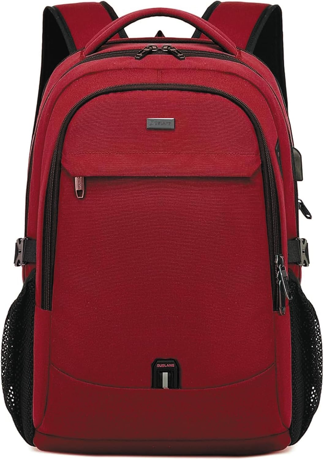 Model wearing grey unisex travel laptop backpack in an airport setting