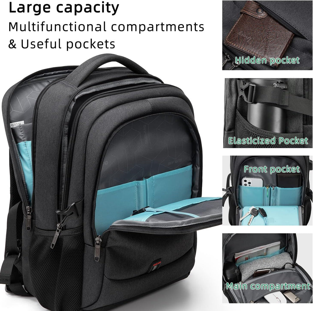 Model wearing black unisex travel laptop backpack in an urban setting