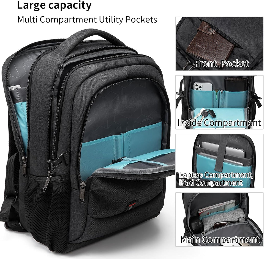 Unisex college backpack in black, showcasing multiple compartments