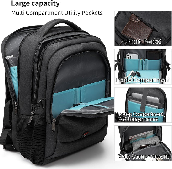 Unisex college backpack in black, showcasing multiple compartments