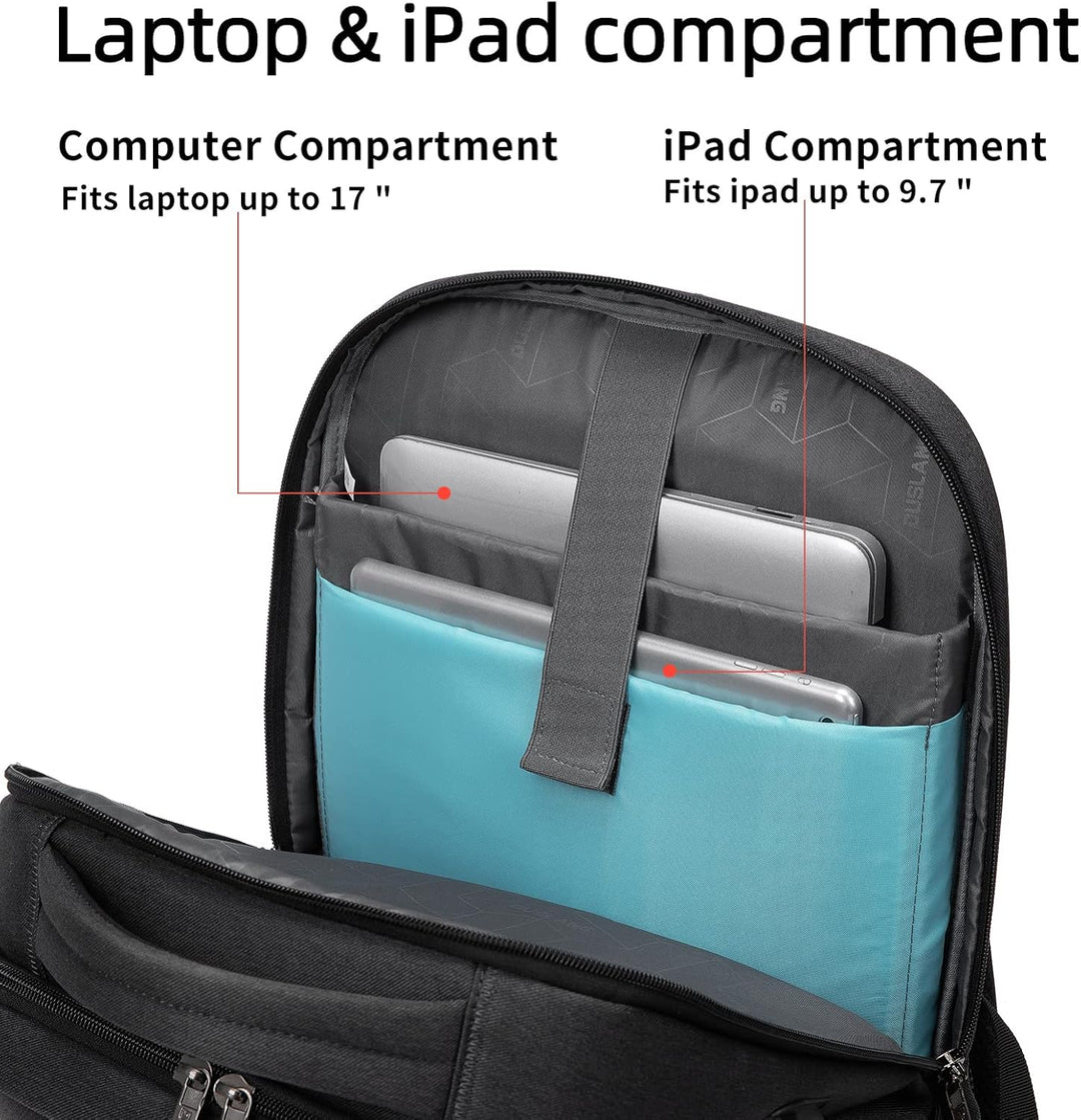 Anti-theft design features on grey travel laptop backpack, secure zipper