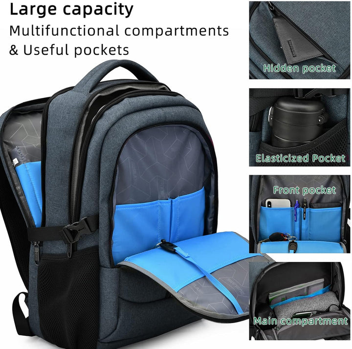 Anti-theft design features on black travel laptop backpack, secure zipper