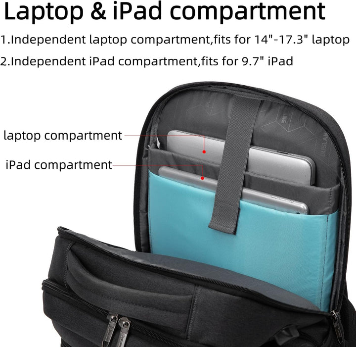Black travel backpack with ergonomic shoulder straps and back panel