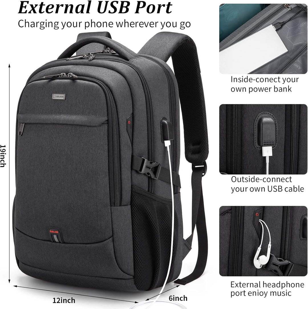 Lifestyle shot of black unisex backpack with a tablet, charger, and notebook