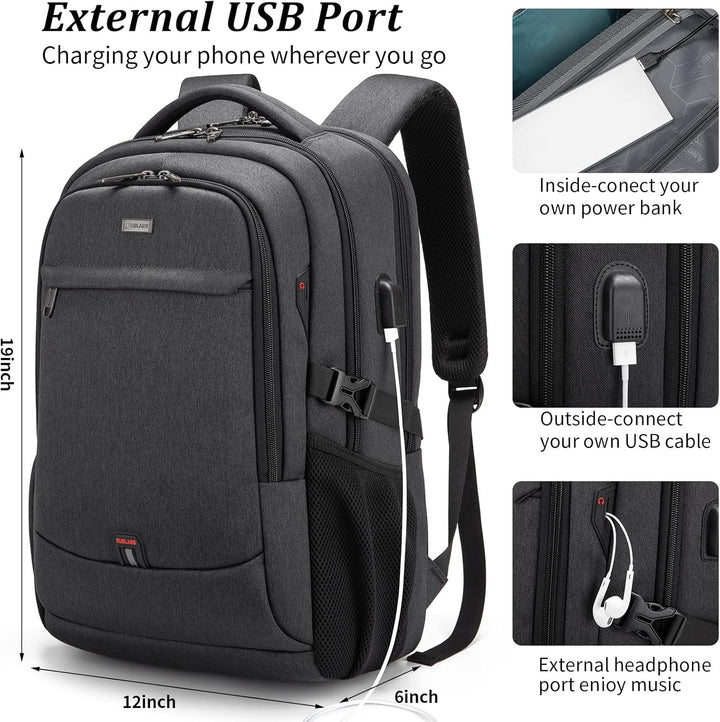 Lifestyle shot of black unisex backpack with a tablet, charger, and notebook