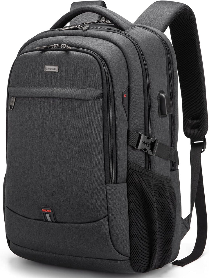 Grey backpack for work or college, highlighting ample storage space