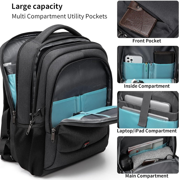 Black backpack for work or college, highlighting ample storage space