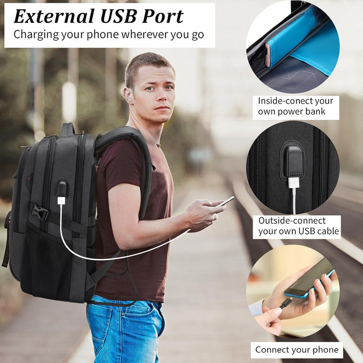 Water-resistant laptop backpack in grey, shown in light rain