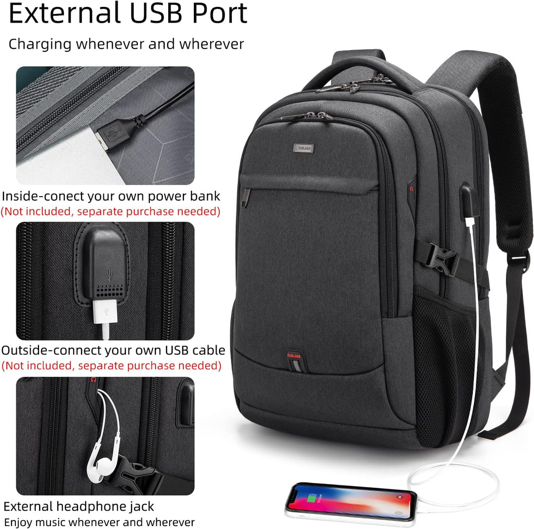Unisex travel laptop backpack in black, side view showing water-resistant fabric