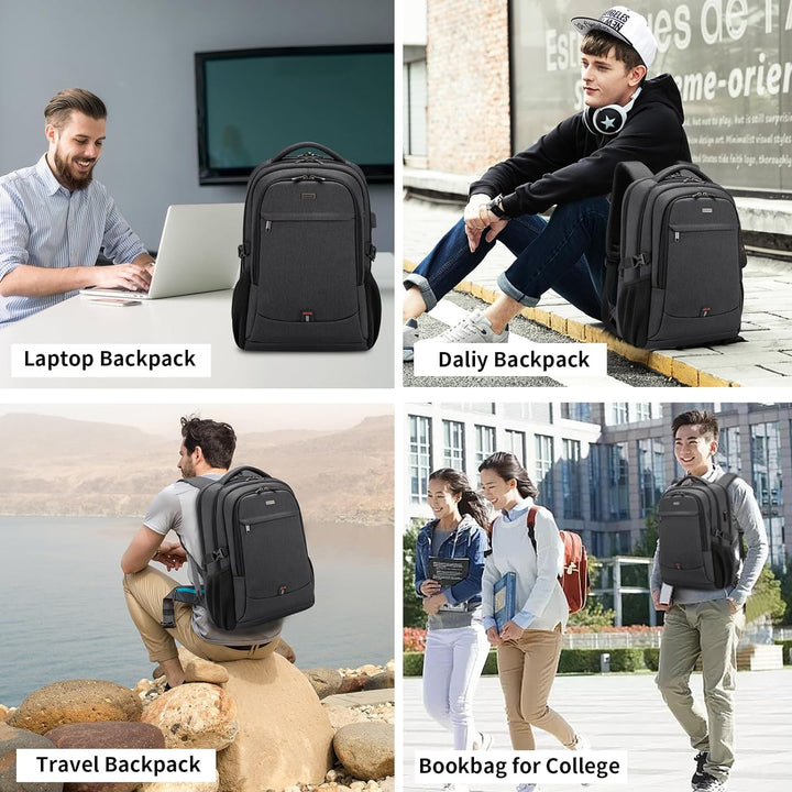 Grey laptop backpack with dedicated power bank pocket, USB feature