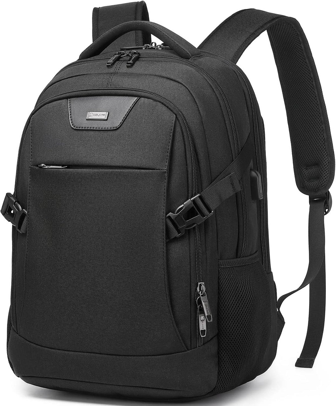 Black laptop backpack with dedicated power bank pocket, USB feature