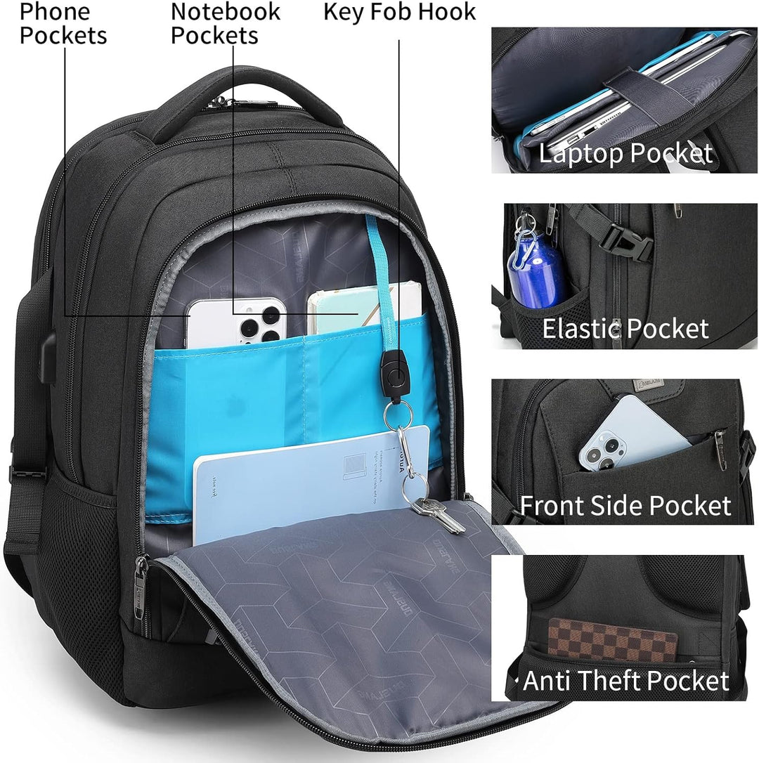 Grey work backpack with exterior water bottle pocket