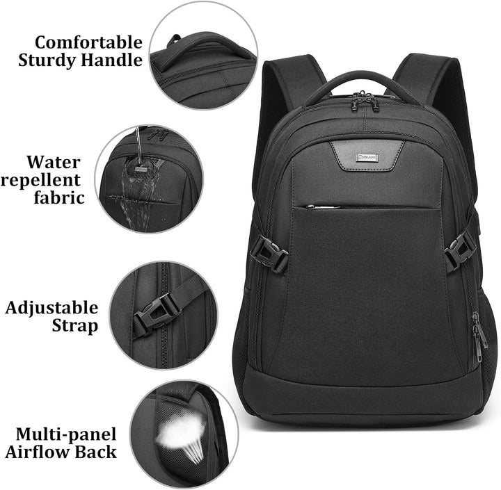 Black work backpack with exterior water bottle pocket