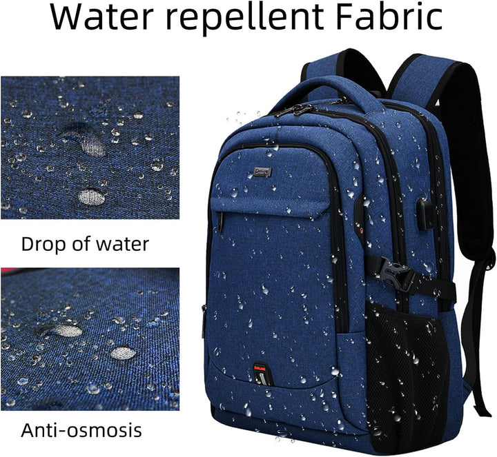 Back view of grey water-resistant laptop backpack with padded straps, anti-theft design