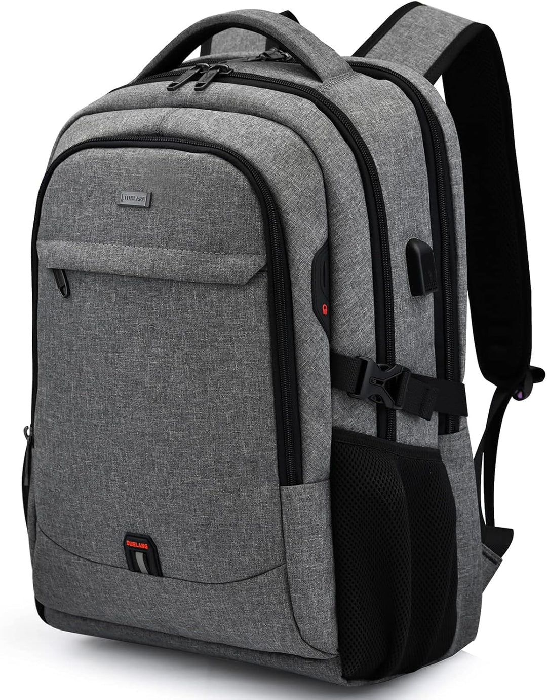 College backpack with USB charging port in black, student with headphones
