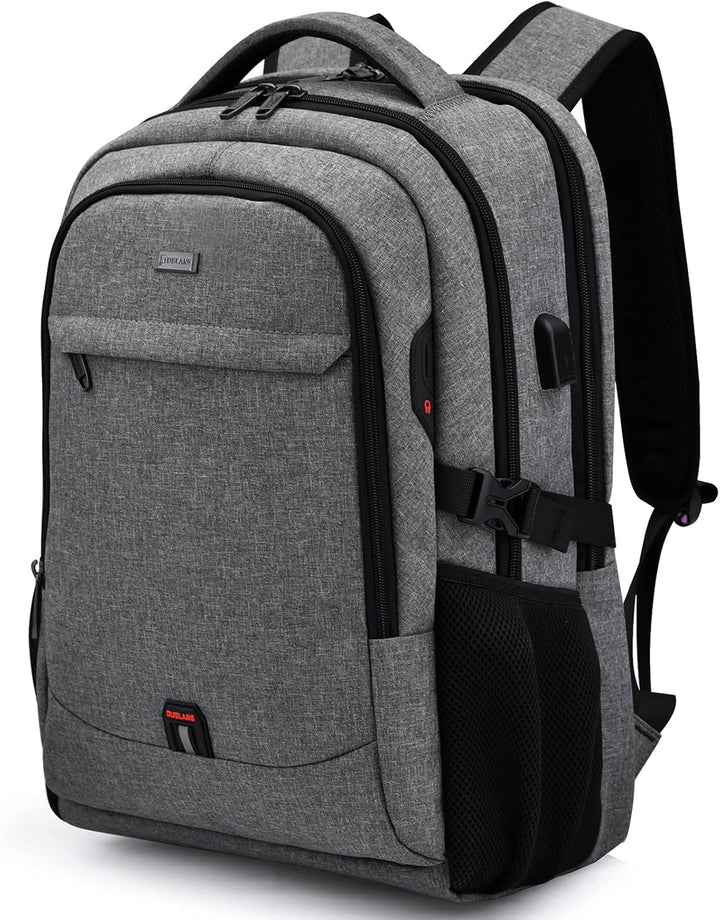 College backpack with USB charging port in black, student with headphones