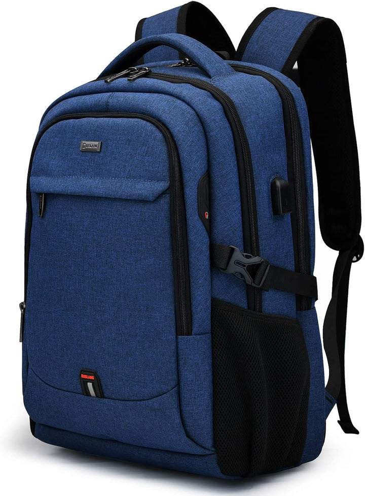 Unisex travel laptop backpack, black, overhead view of compartments