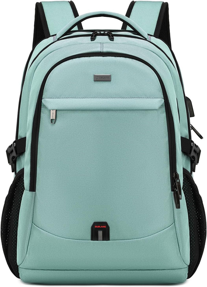 Close-up of USB charging port on grey water-resistant travel laptop backpack