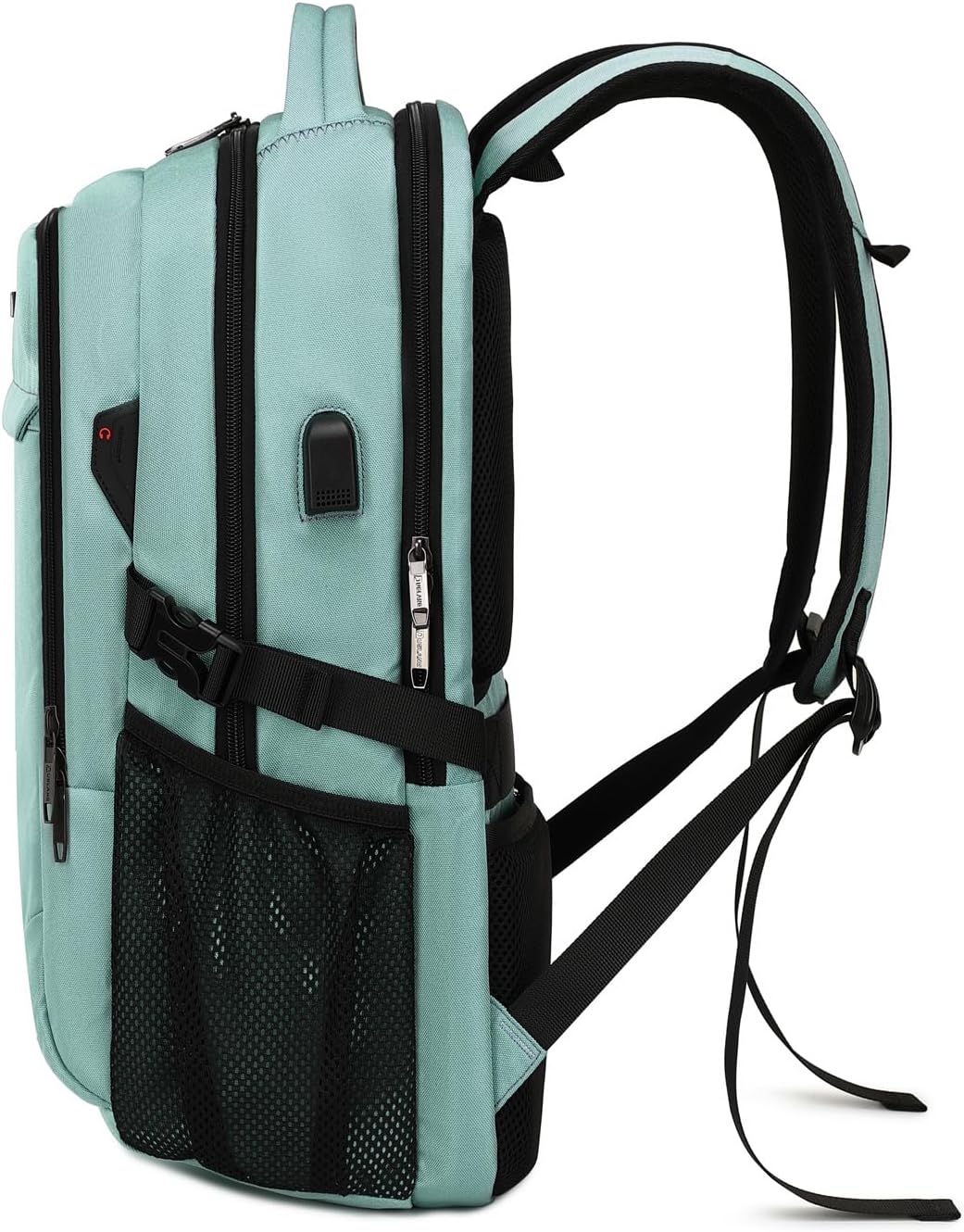 Close-up of USB charging port on black water-resistant travel laptop backpack