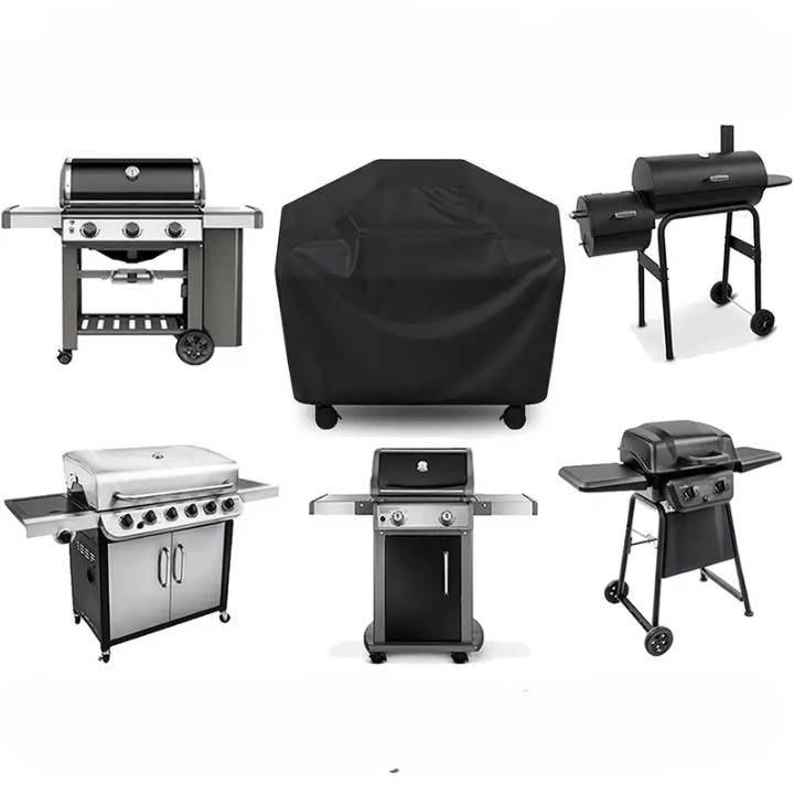 Heavy-duty Oxford fabric BBQ grill cover, weatherproof & UV resistant, protecting an outdoor grill.