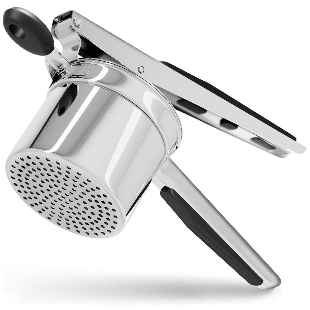 Heavy-duty stainless steel potato masher with sturdy handle for smooth mashed potatoes.
