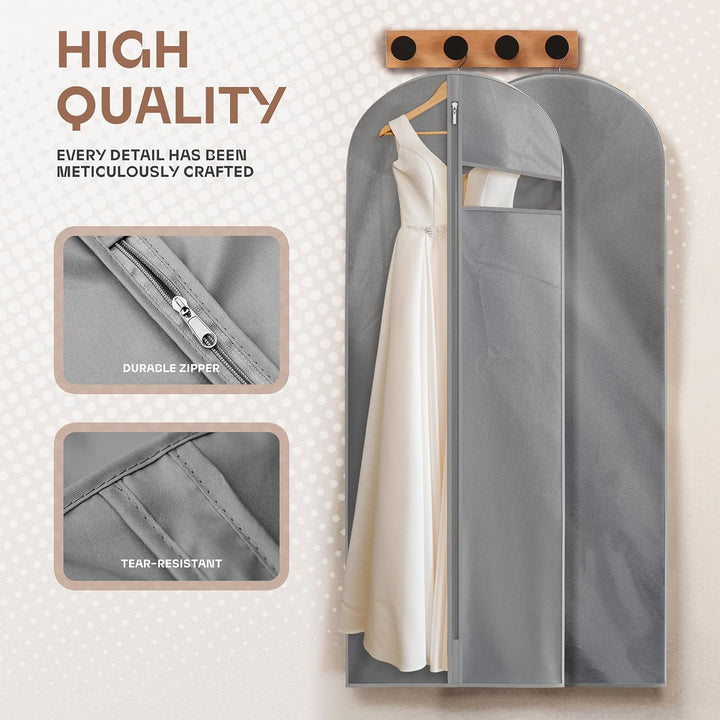 Heavy-duty garment bag with clear window. Protects formal wear from wrinkles & dust.