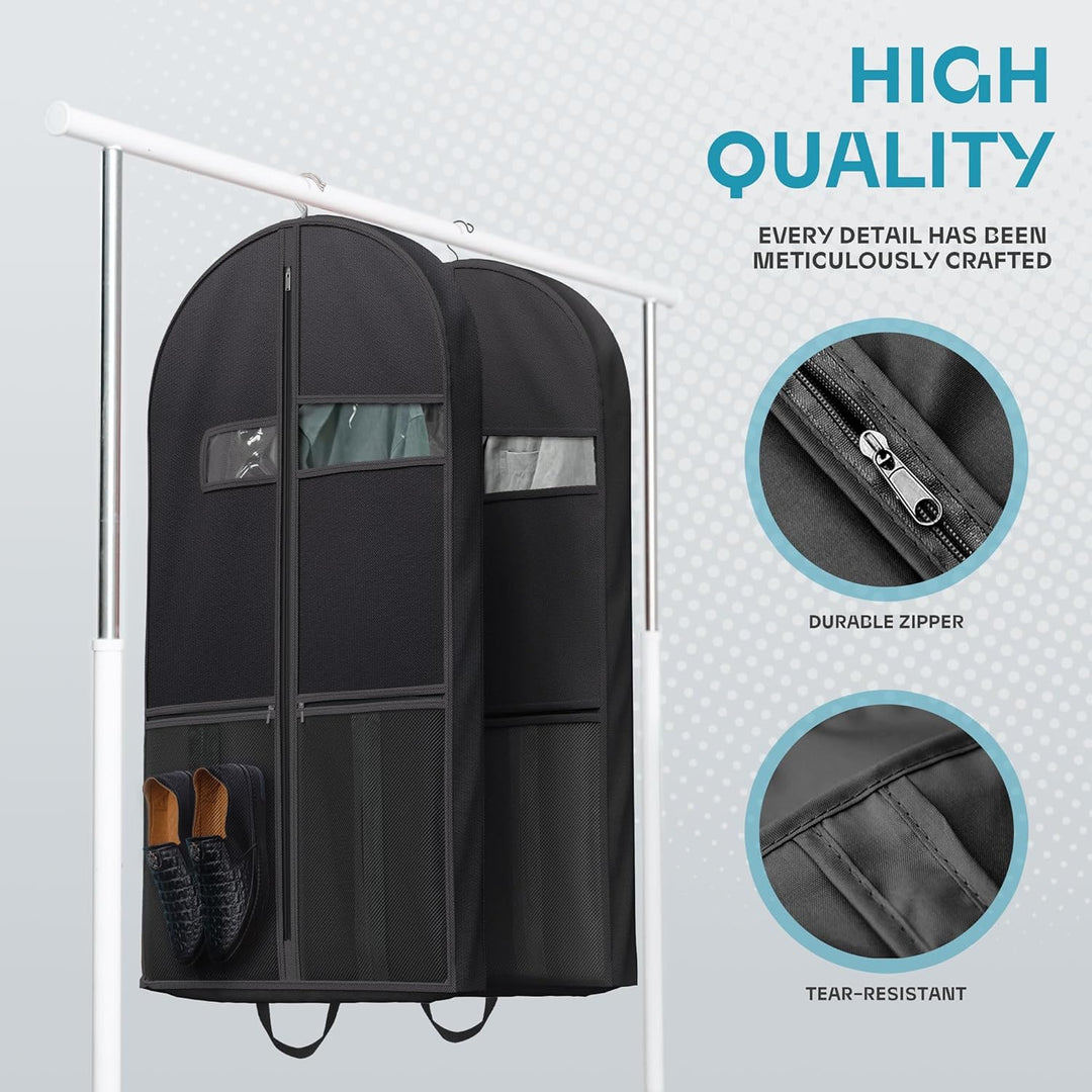 Heavy-duty clothes protector, clear window, travel-ready. Ideal for wrinkle-free storage.