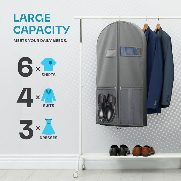 Travel clothes protector, unisex design, clear window for easy content identification.