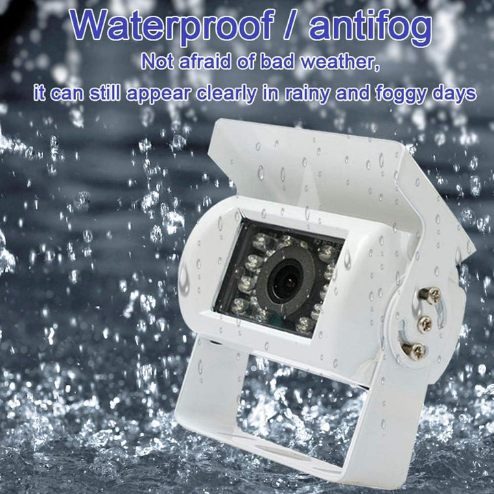 Rear view camera for trucks & RVs, featuring 18 IR LEDs, night vision, and IP68 waterproof durability.
