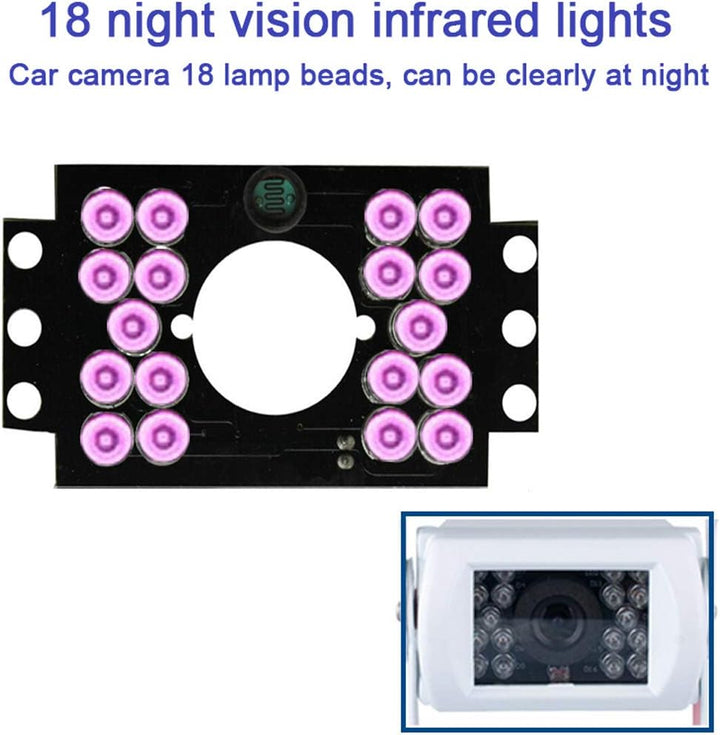 Vehicle safety backup camera with robust IP68 waterproof rating and powerful 18 IR LED night vision.