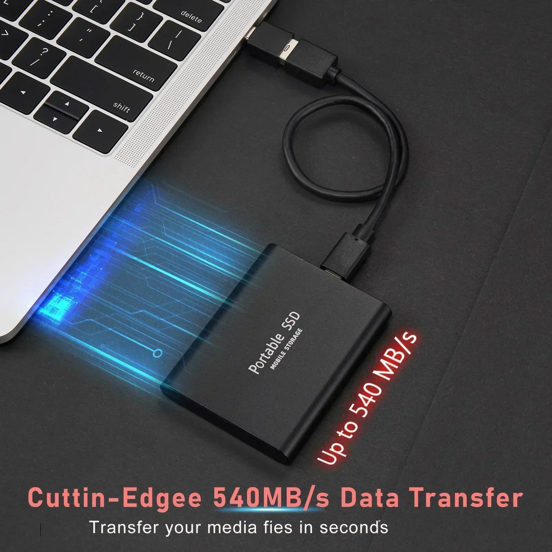 Sleek, compact external SSD drive with USB-C for universal compatibility and professional mobile storage needs.