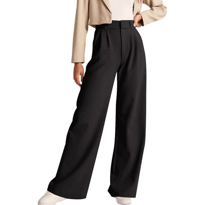 Back view of women's high-waisted work trousers with functional pockets, Katja model