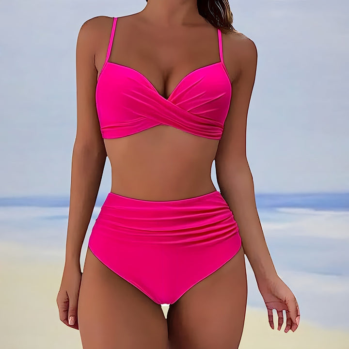 High-waisted bikini set in vibrant blue, womens fashion, ready for vacation and beach